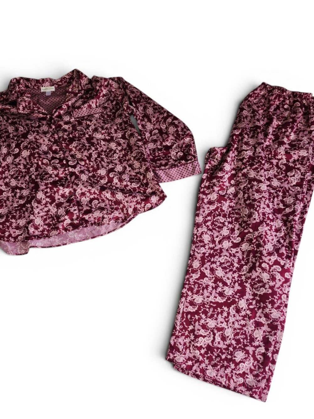 Miss Elaine Pajamas L Set Maroon Floral Paisley Button Front Pants Knit L/S FLAW